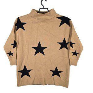 Womens Anrabess Tan & Black Star Print Knit Sweater Mock Neck Long Sleeve Size S